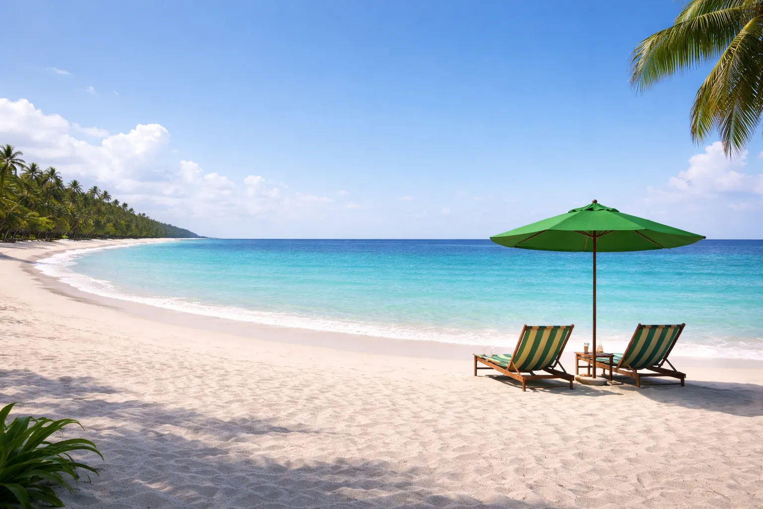 Tropical beach with green umbrella and sun loungers